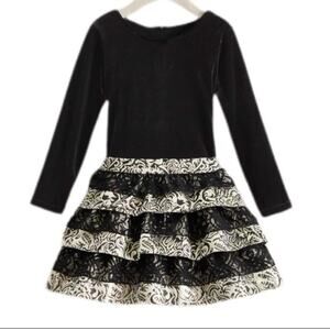 Chasing Fireflies Girls Black Gold Velvet & Lace Tiered Party Dress EUC sz 7